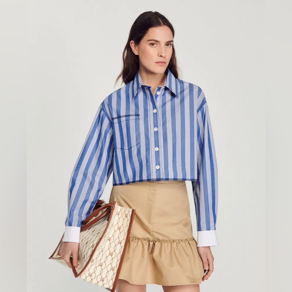 Sandro Blue and White Striped Cropped Shirt
